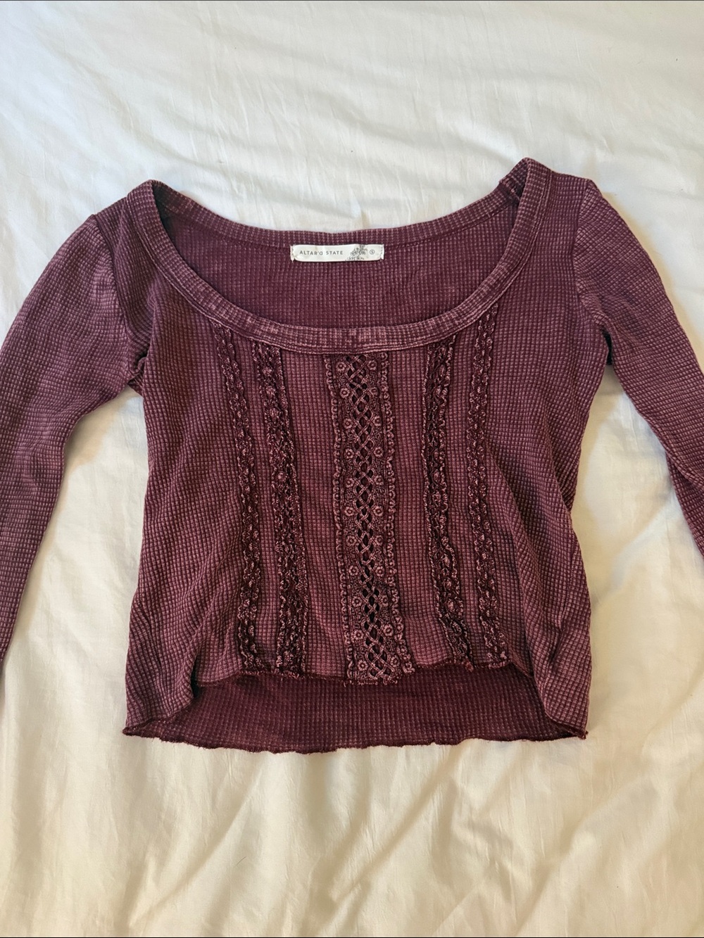 Altar'd State Plum Crochet-Panel Waffle Long Sleeve Top
